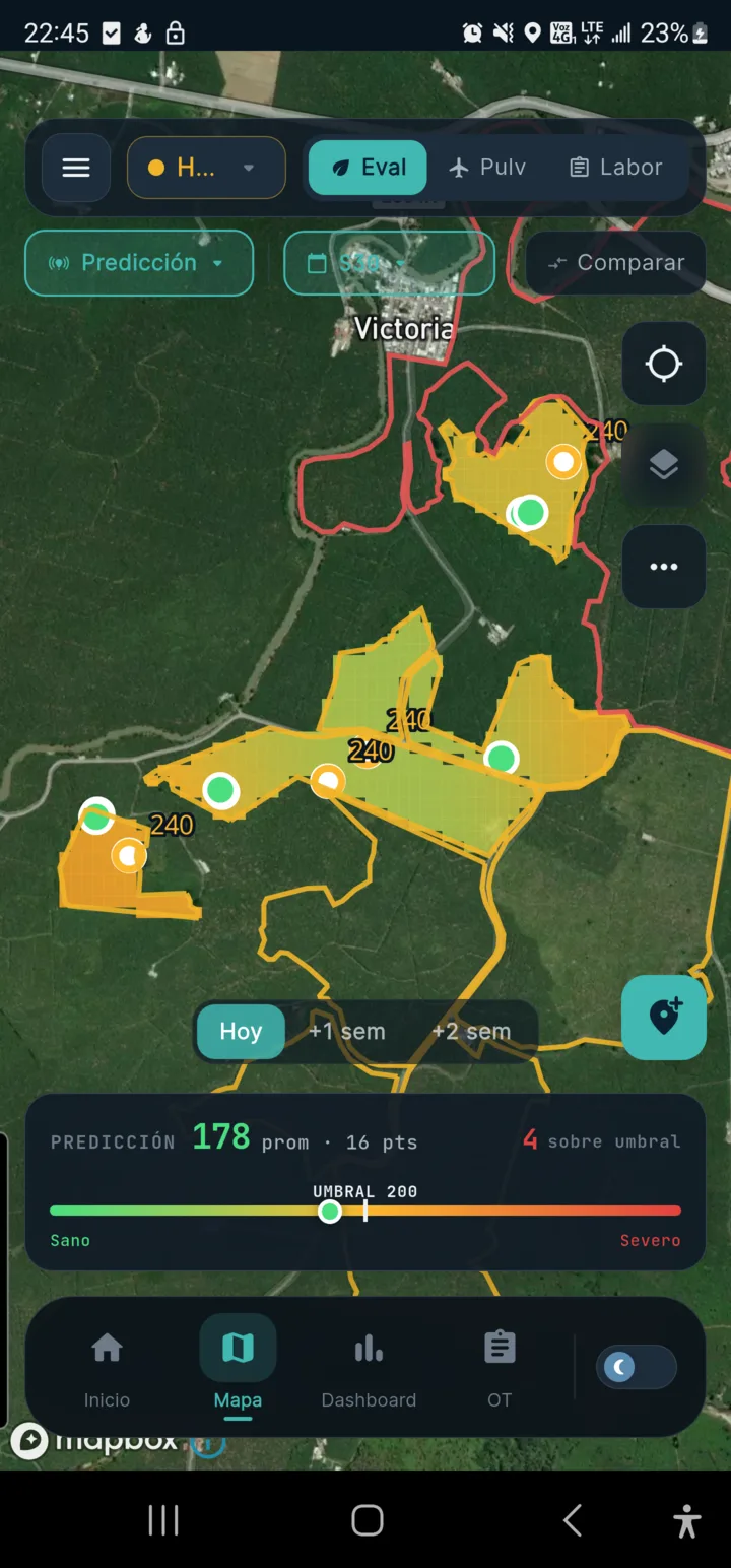 SolviApp mostrando el mapa de calor de Sigatoka de una finca bananera